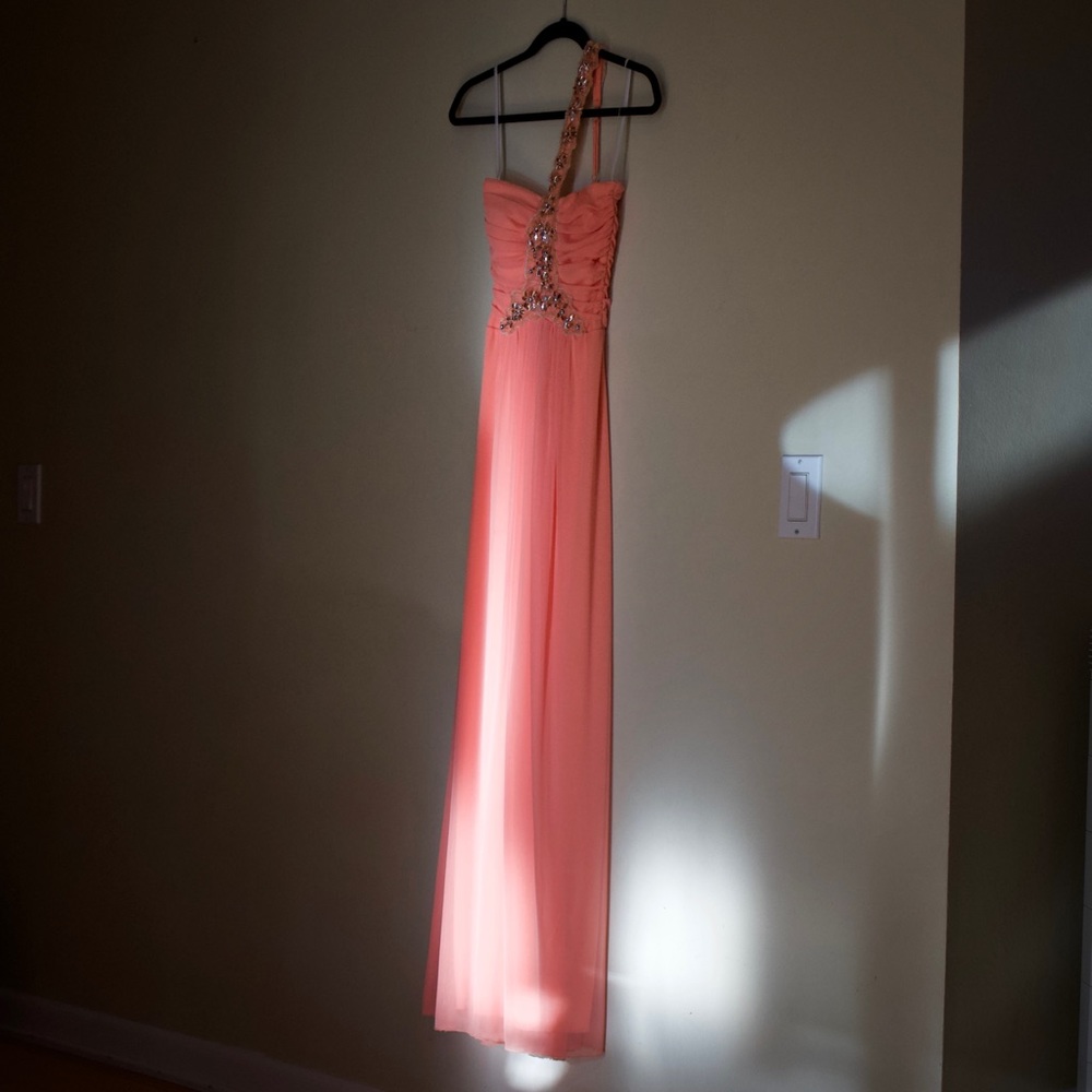Coral asymmetrical prom maxi dress